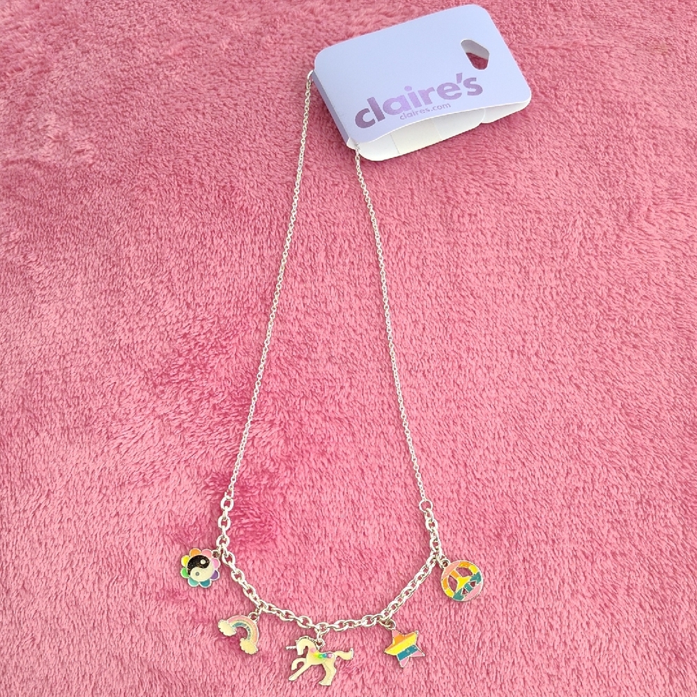 Charm Necklace - Claire's Silver Necklace with rainbow 🌈 And Unicorn 🦄 Charms